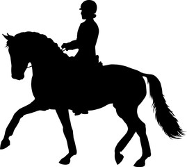 A silhouette of a dressage rider on a horse.