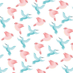 cute birds flying with beautiful plumage pattern vector illustration design