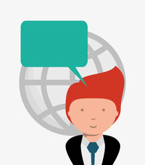 cartoon businessman with speech bubble and global network sphere over white background, colorful design. vector illustration