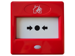 Close-up of the red manual Fire Alarm Call Point. Isolated on white background. High-quality macro photography.