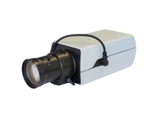 Close-up of CCTV camera. Security video camera with lenses. Isolated on white background. High-quality macro photography.