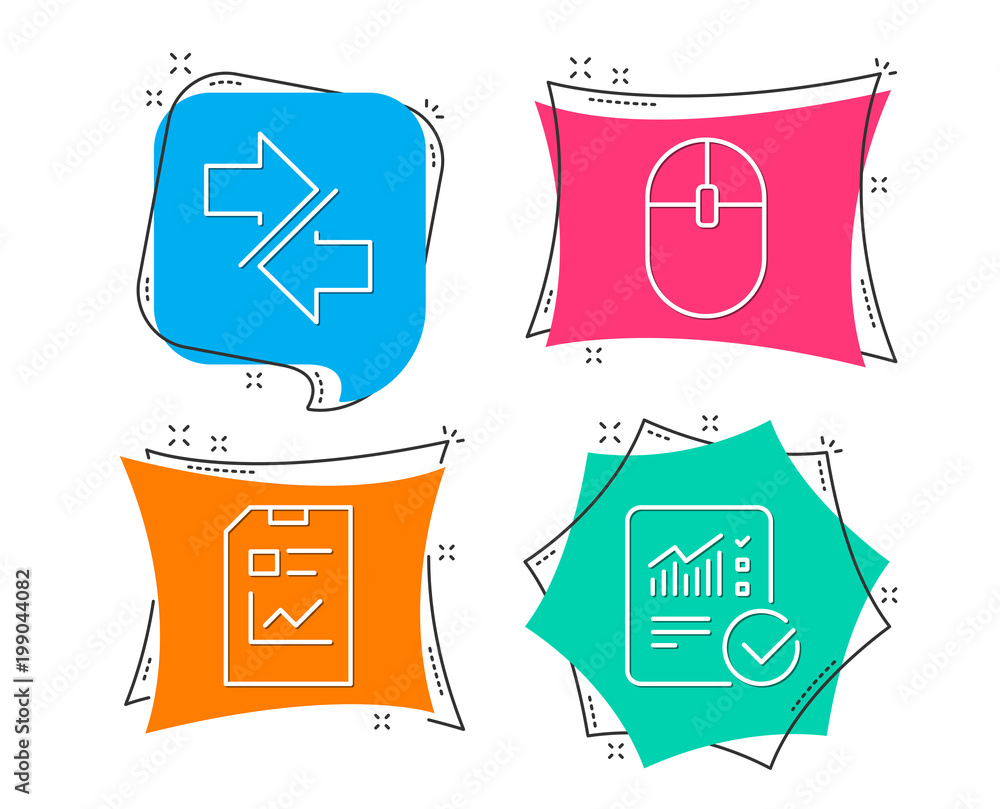 Aufkleber set of synchronize, report document and computer mouse icons. checked calculation sign. communicatio