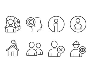 Set of Delete user, Users and Women headhunting icons. Writer, Avatar and Engineer signs. Remove profile, Couple of people, Women teamwork. Copyrighter, User profile, Worker with cogwheel. Vector