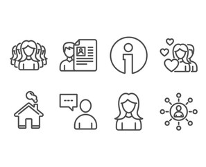Set of Couple, Woman and Women group icons. Job interview, Users chat and Networking signs. Valentines day, Girl profile, Lady service. Cv file, Communication concept, Business communication. Vector