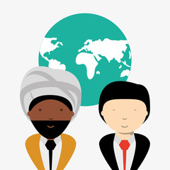 earth planet globe and cartoon businessmen of different cultures over white background, colorful design. vector illustration