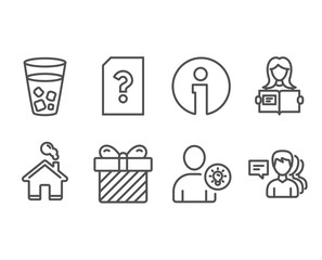 Set of Unknown file, Surprise and User idea icons. Woman read, Ice tea and People signs. Doc with question mark, Present with bow, Light bulb. Girl studying, Soda beverage, Support job. Vector