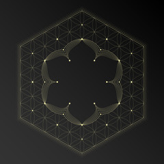 Vector frame in style oriental sacred geometry, golden flower of life and lotus with place for text, design for yoga and meditation.