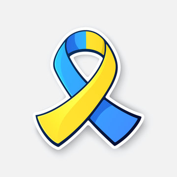 Sticker of blue and yellow ribbon, symbol of World Down Syndrome Day