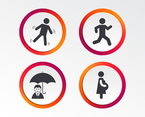 Businessman with umbrella icon. Human running symbol. Man love Woman or Lovers sign. Women Pregnancy. Life insurance. Infographic design buttons. Circle templates. Vector