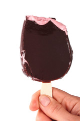 Ice cream fruity with chocolate in hand isolated on white background