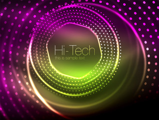 Magic neon circle shape abstract background, shiny light effect template for web banner, business or technology presentation background or elements, vector illustration