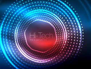 Magic neon circle shape abstract background, shiny light effect template for web banner, business or technology presentation background or elements, vector illustration