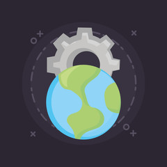 earth planet and gear wheel over black background, colorful design. vector illustration
