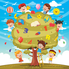 Obraz na płótnie Canvas Vector Illustration Of Kids Studying On Tree