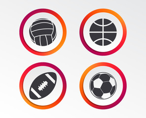 Sport balls icons. Volleyball, Basketball, Soccer and American football signs. Team sport games. Infographic design buttons. Circle templates. Vector
