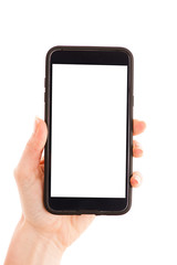 Hand holding smart phone with blank display for additional drawing or text message
