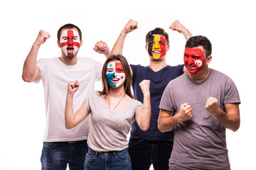 Group of fans suport their national teams with painted faces. England, Belgium, Tunisia, Panama...