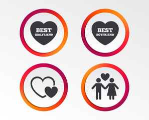 Valentine day love icons. Best girlfriend and boyfriend symbol. Couple lovers sign. Infographic design buttons. Circle templates. Vector