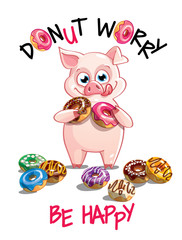 Vector illustration of cartoon pig with donuts.