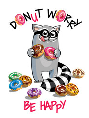 Vector illustration of cartoon raccoon with donuts