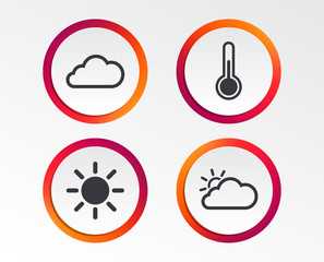 Weather icons. Cloud and sun signs. Thermometer temperature symbol. Infographic design buttons. Circle templates. Vector