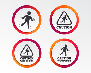 Caution wet floor icons. Human falling triangle symbol. Slippery surface sign. Infographic design buttons. Circle templates. Vector