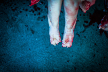 close up of feet of a killed bleed pig hanging at the slaughterhouse