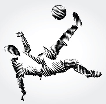 Soccer player stretching to dominate a balll made of black brushstrokes on light background