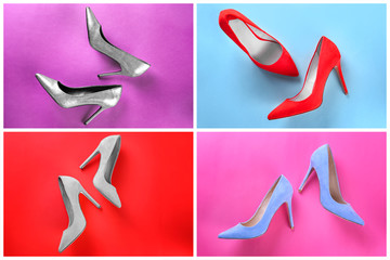 Set of female stylish shoes on color background