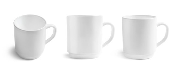 Set of blank cups on white background. Mockup for design