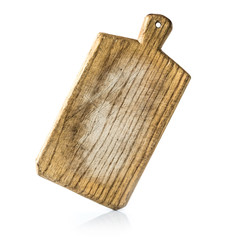 rectangular used natural wooden cooking board isolated on a white background.