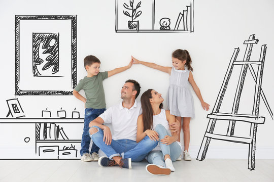 Happy Family Dreaming About Moving Into New House On White Wall Background