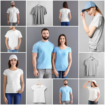 Collage with young people in stylish t-shirts and caps. Mockup for design