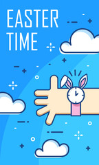 Obraz na płótnie Canvas Easter time banner with clouds, hand and wrist watch. Thin line flat design. Vector card.