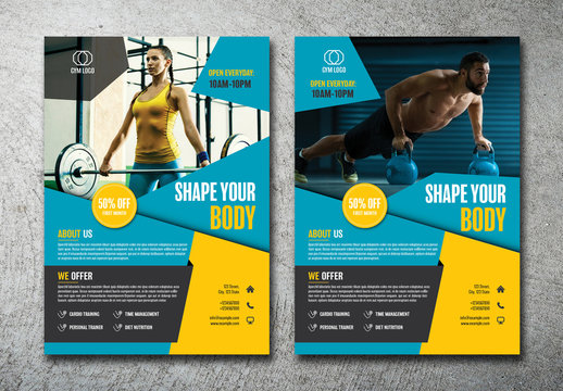 2 Gym Flyer Layouts with Blue and Yellow Accents