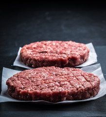 Raw ground beef meat burger cutlets on grey cooking background