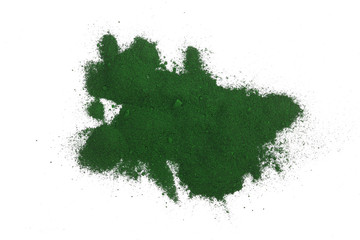 Spirulina algae powder isolated on white background. Top view