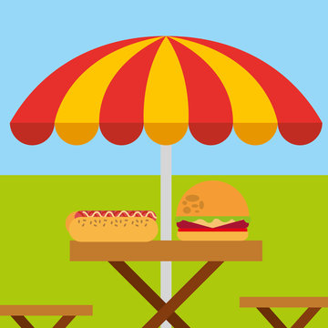 picnic wooden table with burger sandwich and umbrella vector illustration