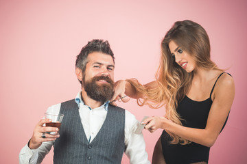 Couple make haircut, love relations.