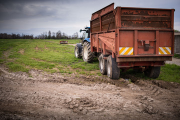 Trattore con carro agricolo al lavoro nei campi