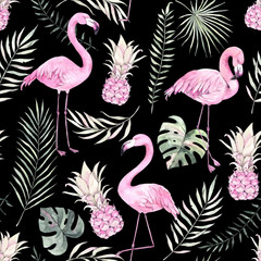 Hand drawn watercolor seamless pattern. Background with pink flamingo, pineapple and tropical leaves. Perfect for wrapping paper, fabric, linens, invitations, greeting cards, prints