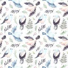 Hand drawn watercolor seamless pattern. Background with cute spring birds, ferns and green branches. Perfect for wrapping paper, fabric, linens, invitations, greeting cards, prints