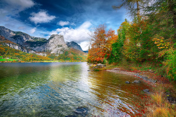 Idyllic autumn scene in Grundlsee lake in Alps mountains, Austria