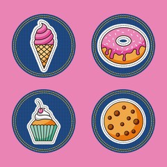 patches dessert food cupcake cookies ice cream donut vector illustration