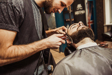 Professional Master hairdresser cuts client beard.