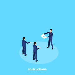 men in business suits on a blue background, isometric image