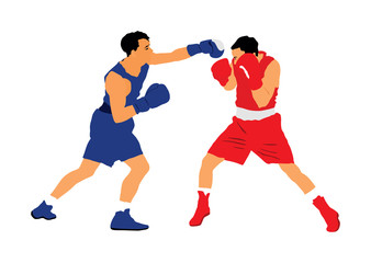 Two boxers in ring vector illustration isolated on white background. Strong fighter. Martial arts.  - obrazy, fototapety, plakaty