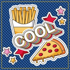 patches fast food cool pizza french fries stars decoration vector illustration
