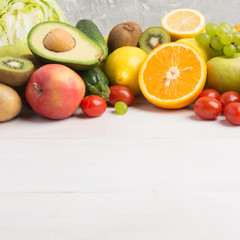 Square shot of healthy food with fresh fruits and vegetables