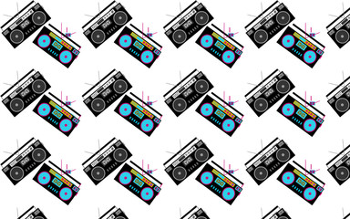 Pattern of black and white and colored, hipster, beautiful, vintage retro audio tape recorders from the 80's on a white background. Seamless texture. illustration.